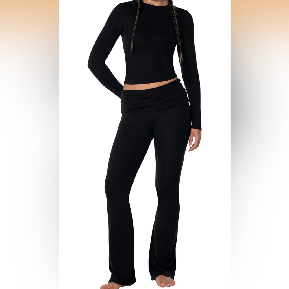 Women black two piece long sleeve top & fold over flare pants set brand new